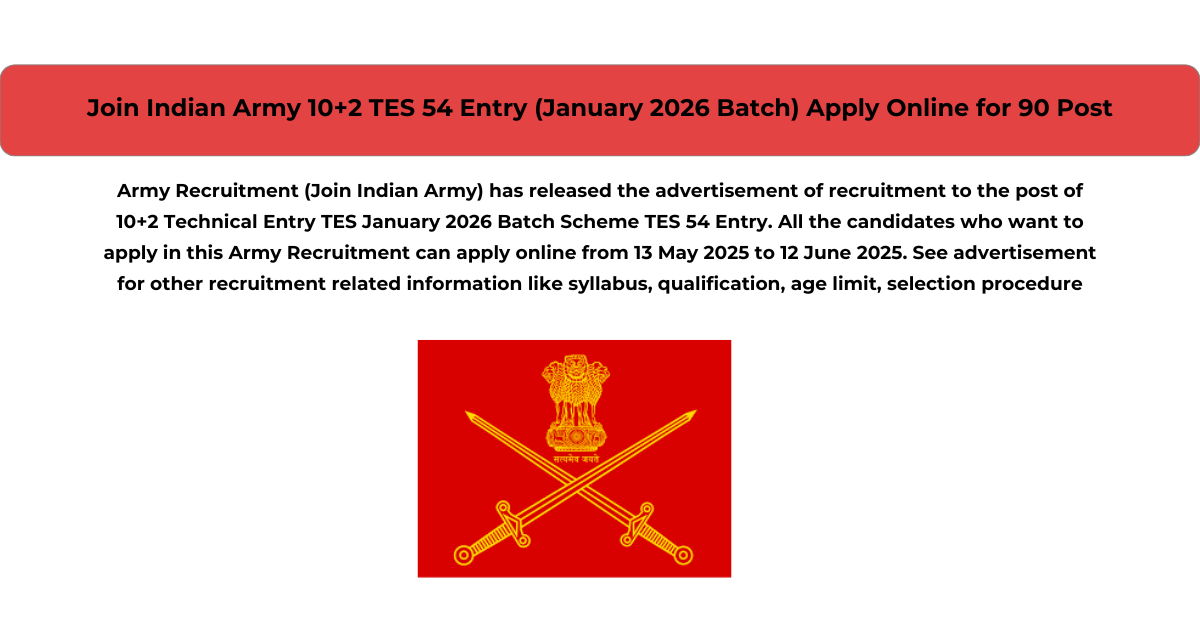 Join Indian Army 10+2 TES 54 Entry (January 2026 Batch) Apply Online for 90 Post