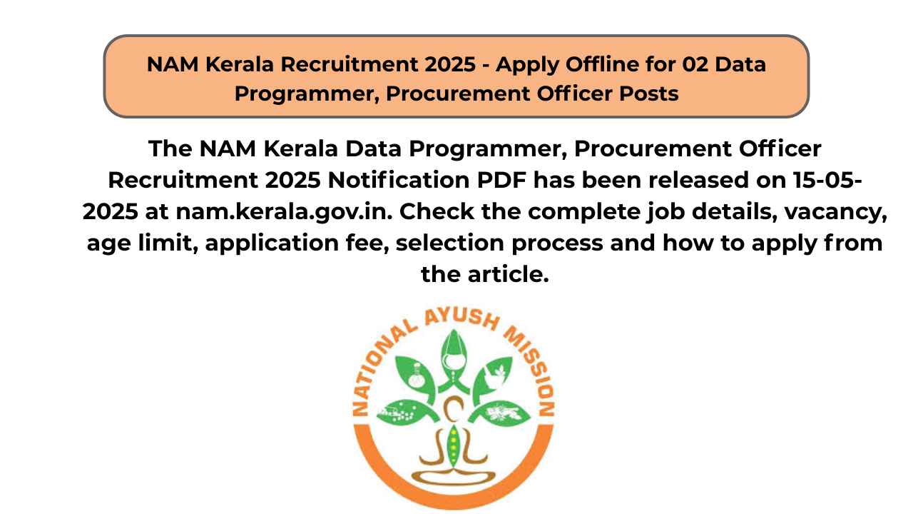 NAM Kerala Recruitment 2025 – Apply Offline for 02 Data Programmer, Procurement Officer Posts